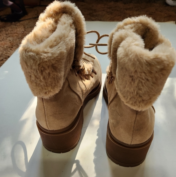 Women's Tan Lace-Up Faux Suede Ankle Boots, With Faux Fur - Picture 5 of 7